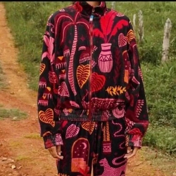 FARM RIO Black Tropical Magic Plush Velvet Bomber Jacket Back Pink S - Picture 2 of 11